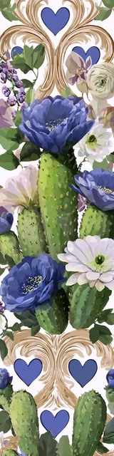 Free cactus bookmark featuring green cacti with blue and white flowers